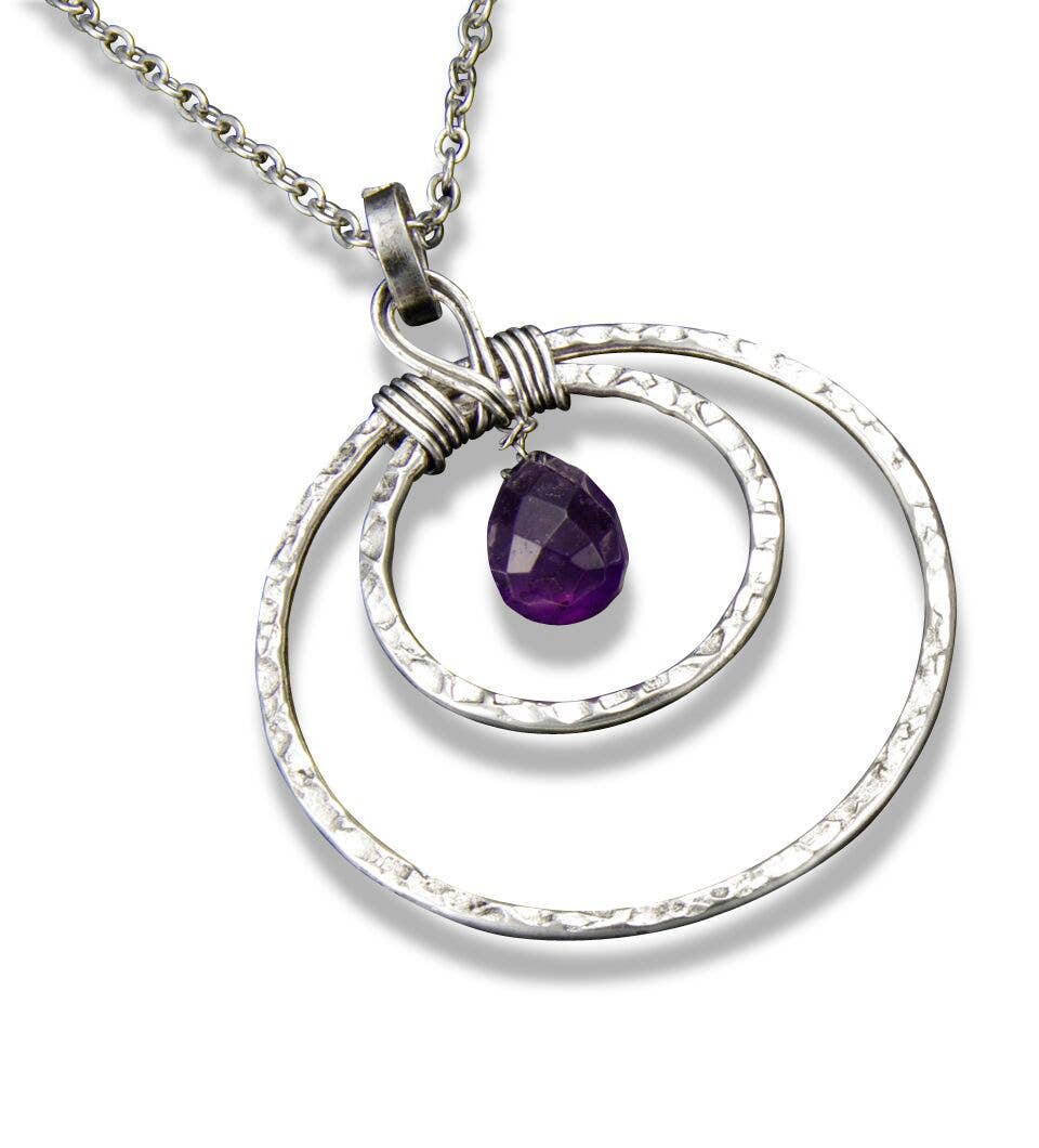 Antique Silver Double Hoop & Amethyst Necklace