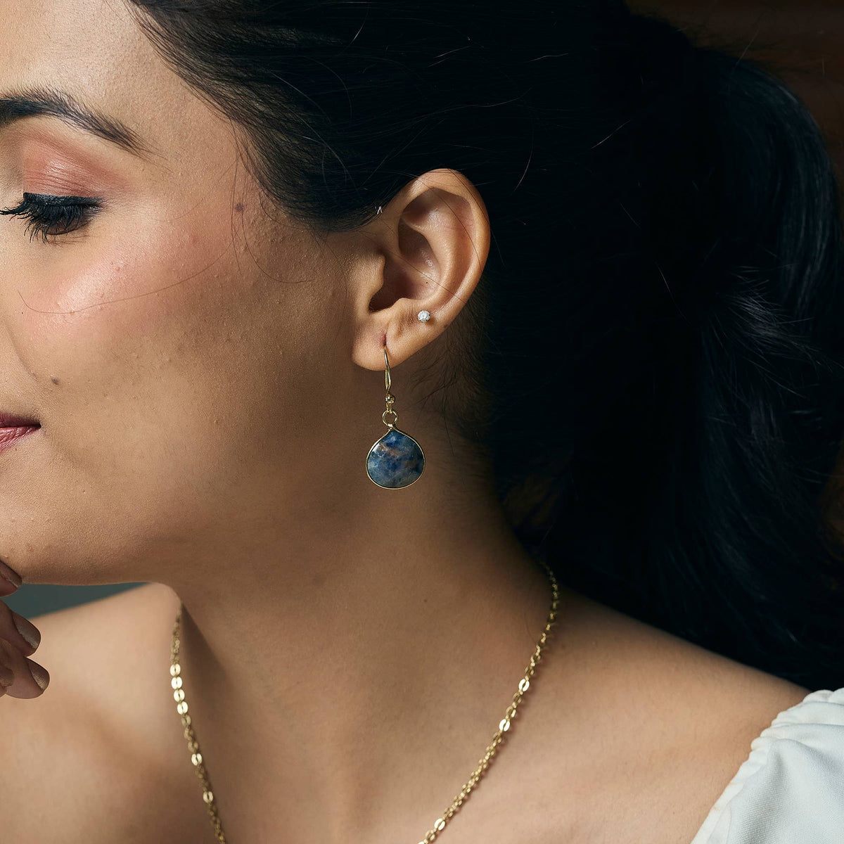 Gold Plated Earrings with Semi-Precious Stone - Sodalite