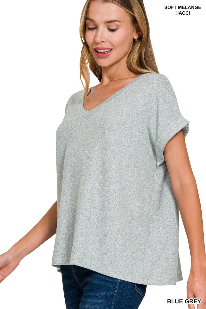 Black Soft Melange Hacci V Neck top