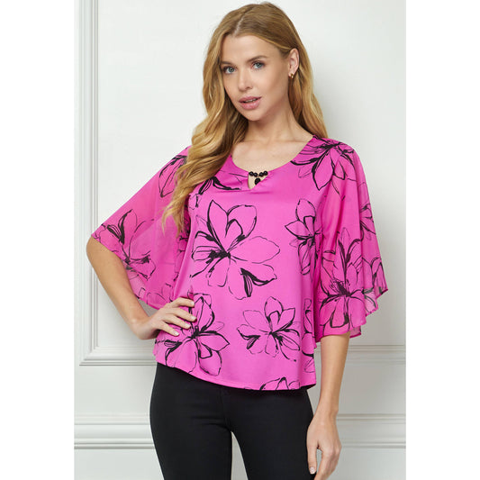 Fuchsia floral printed bat wing blouse