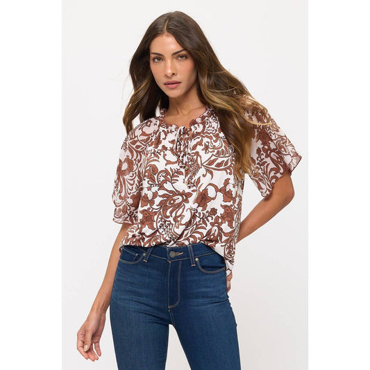 Floral ivory and brown ruffle accent top