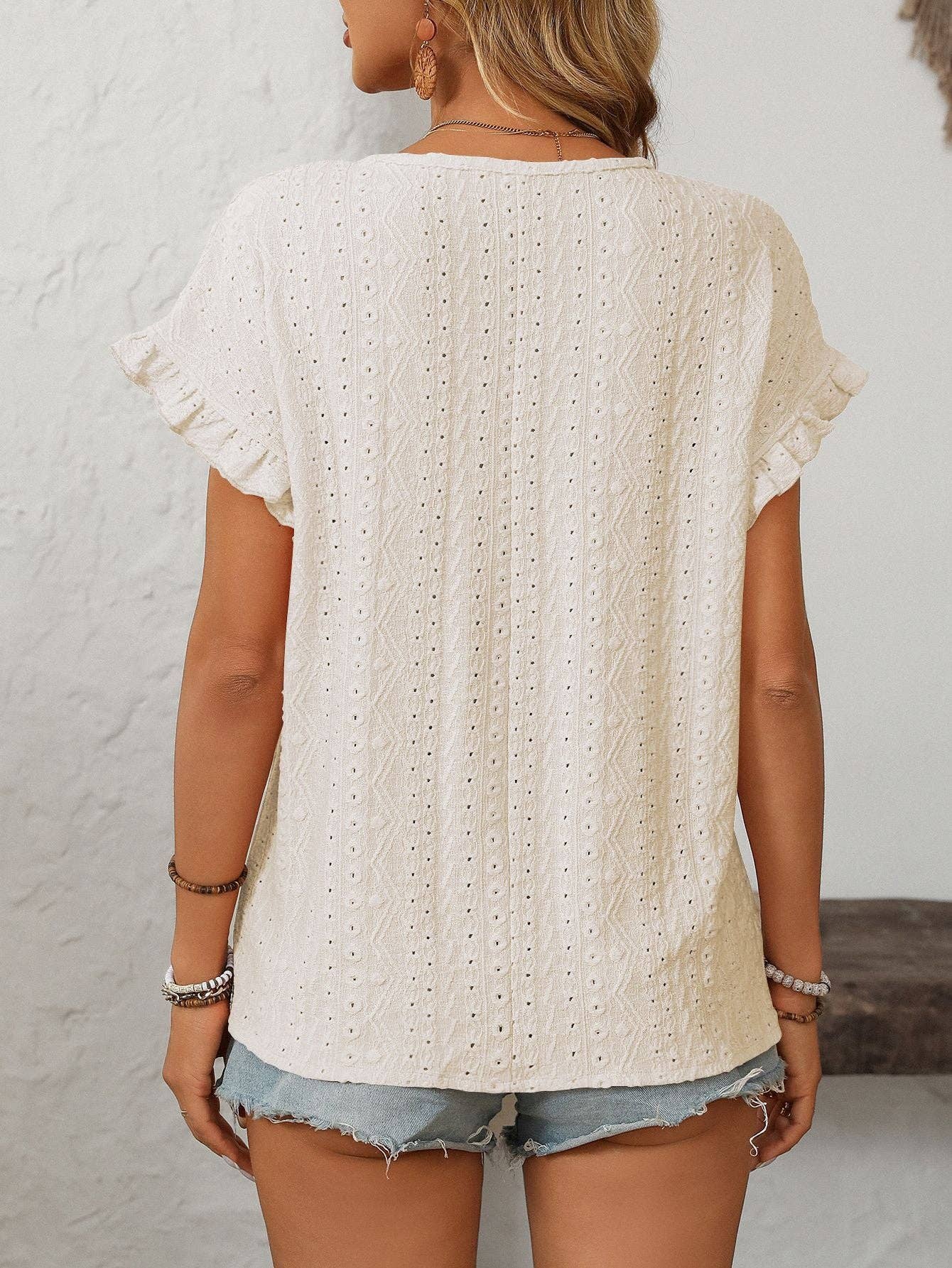 Cream Short-Sleeve Hollow-Out Top