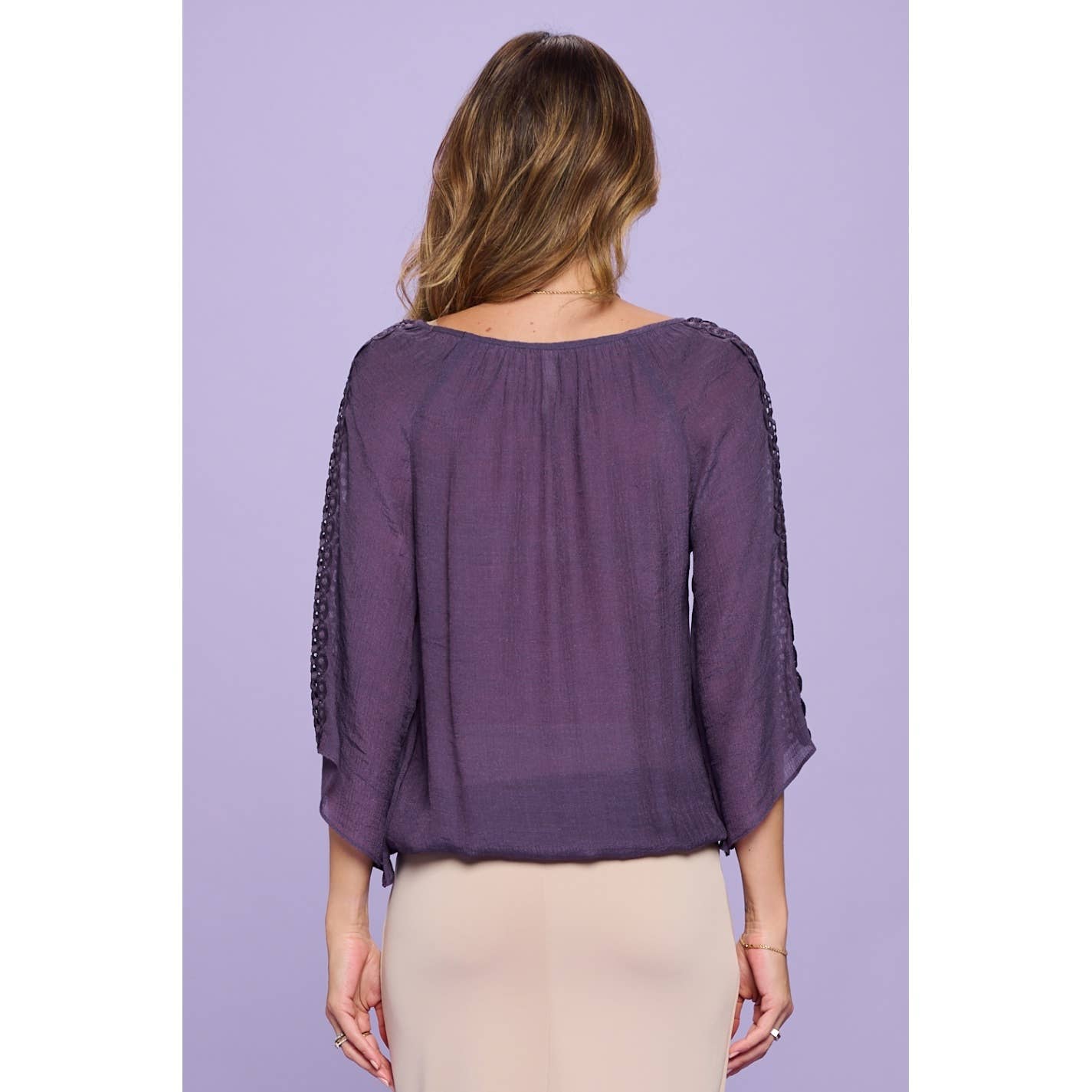Purple 3/4 crochet sleeve bubble hem top