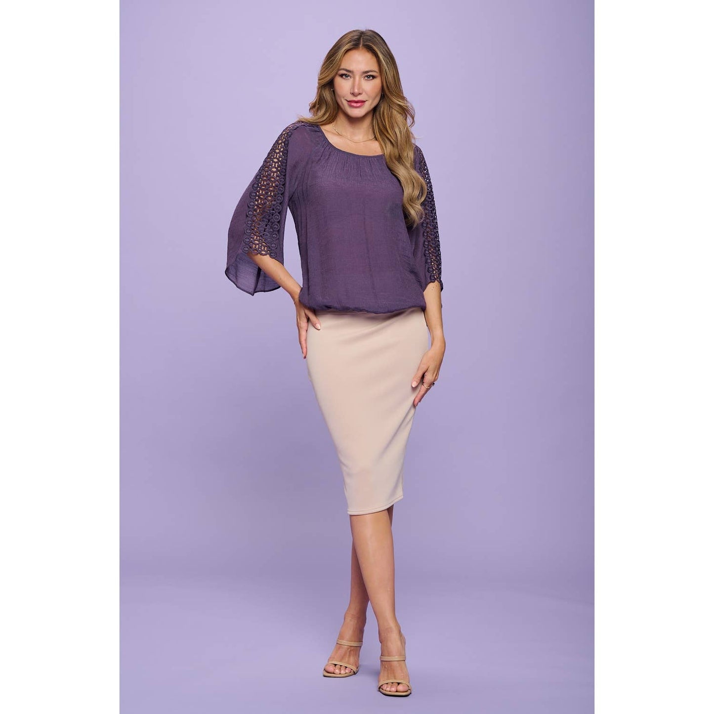 Purple 3/4 crochet sleeve bubble hem top