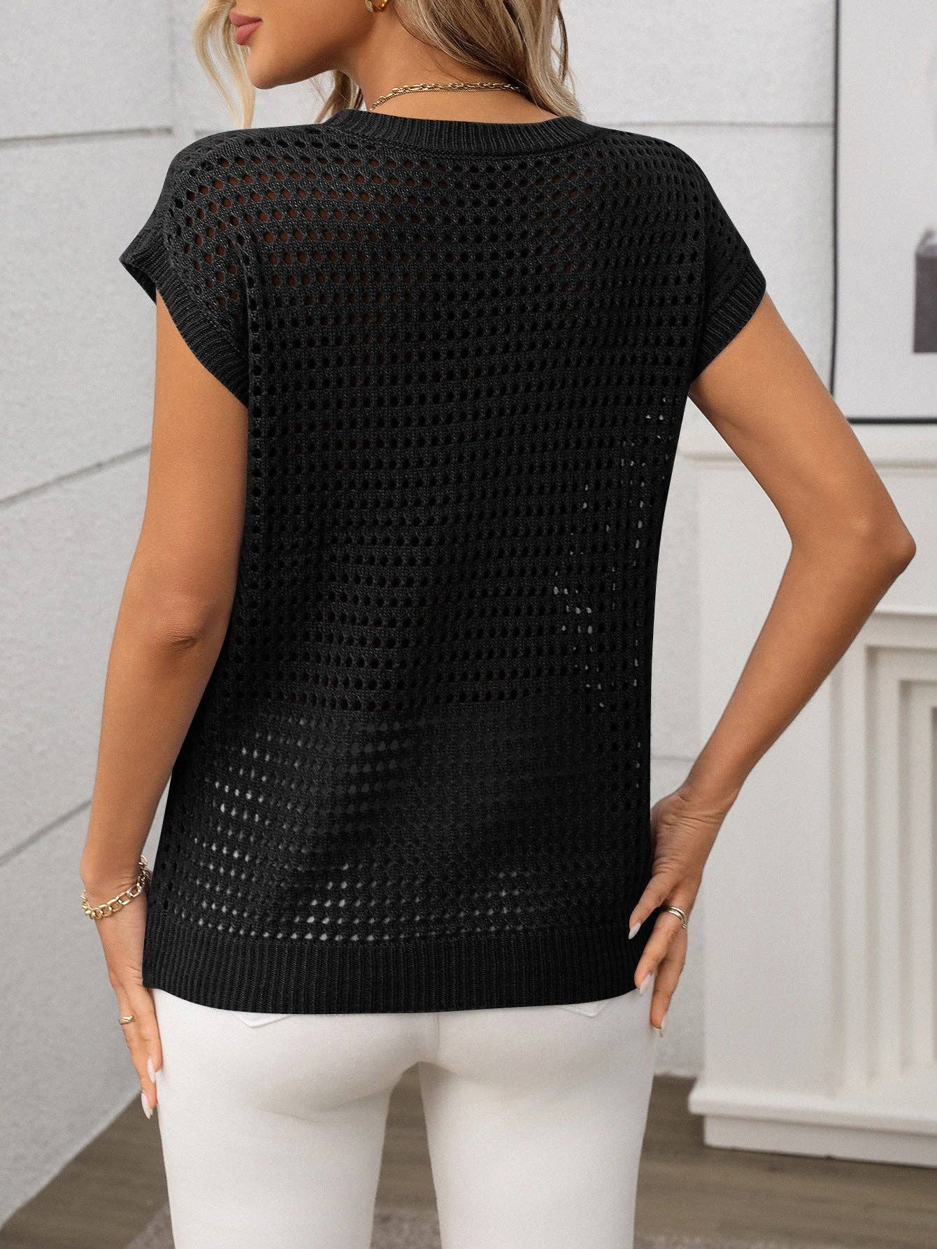 Black hollow out knit top