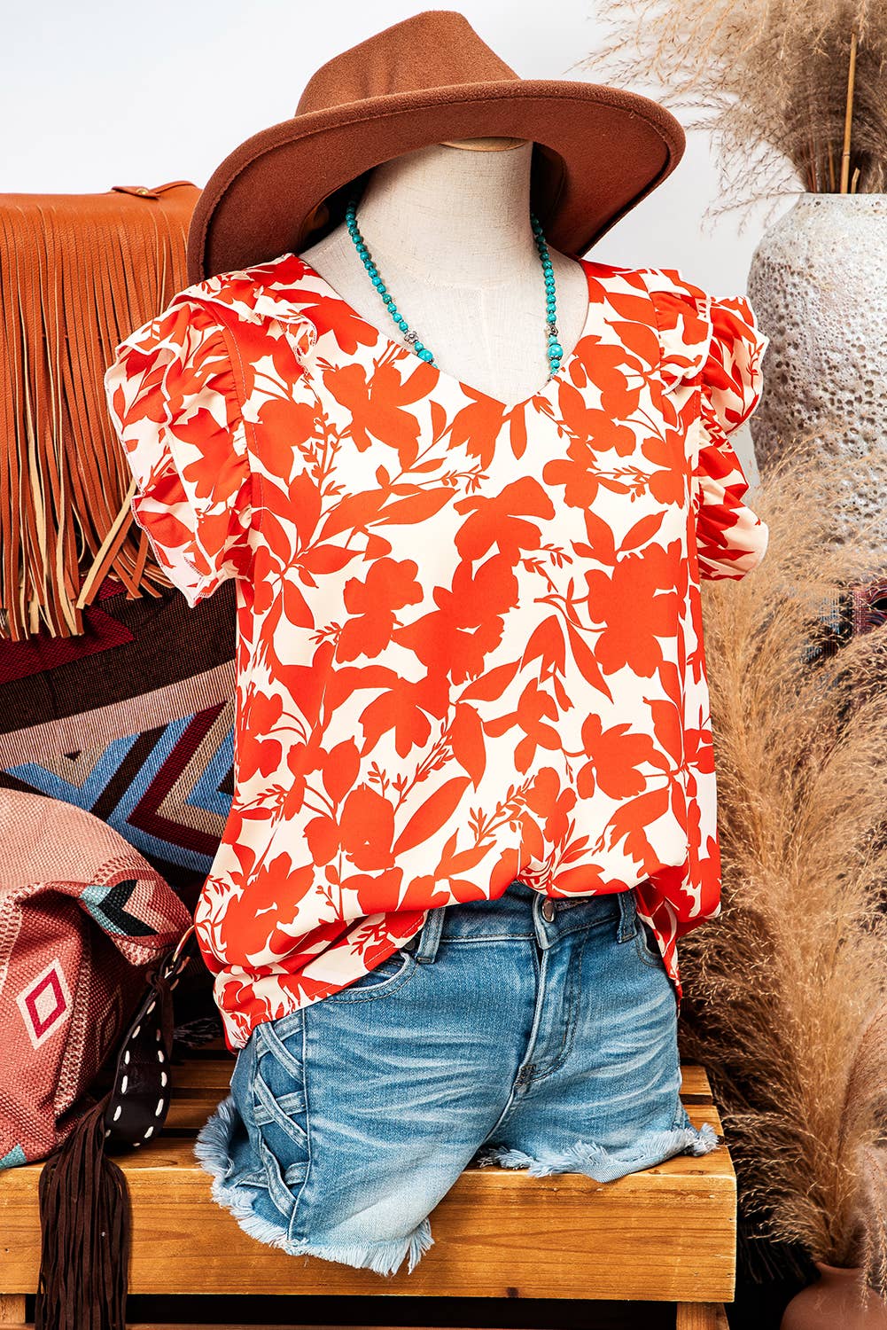 Floral Ruffle Sleeve Print Top