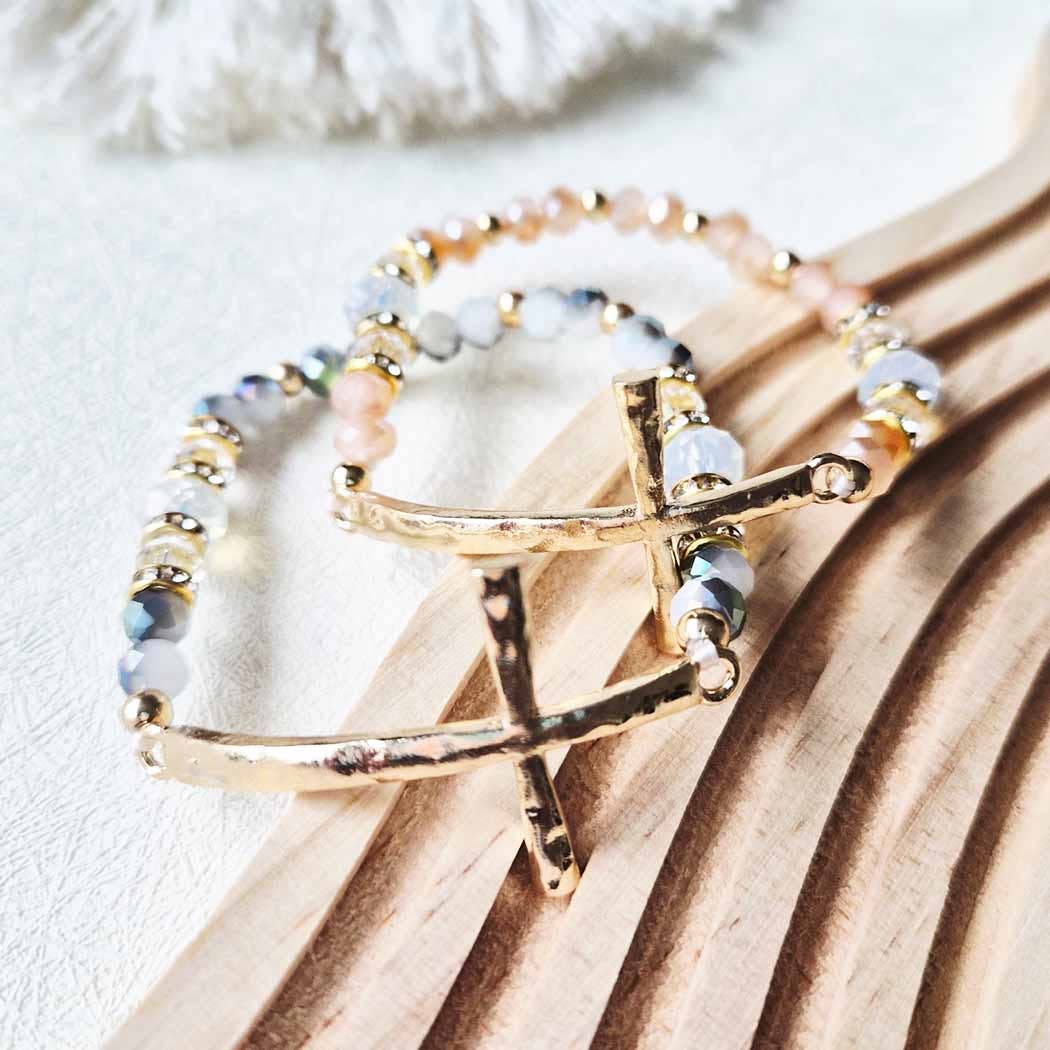 Hammered Cross Bead Stretch Bracelet