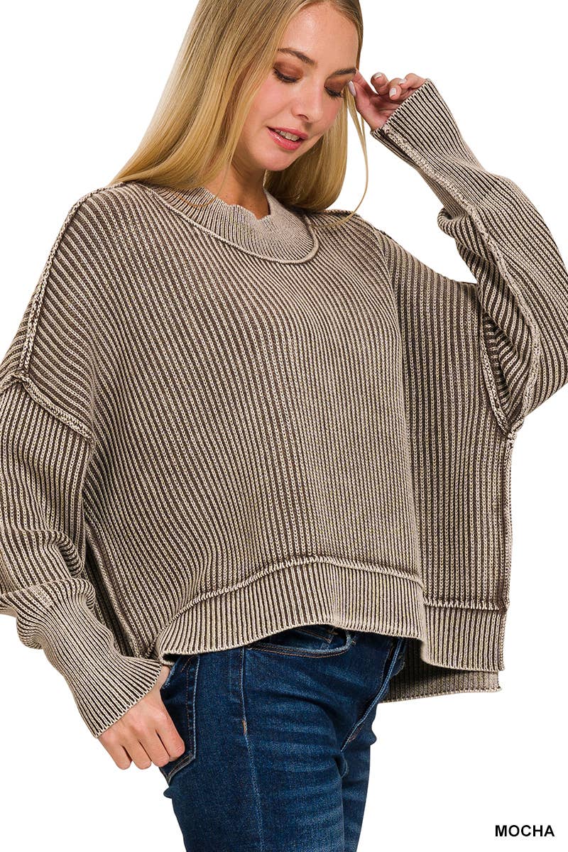 Mocha Washed Side Slit Oversized Cropped Sweater