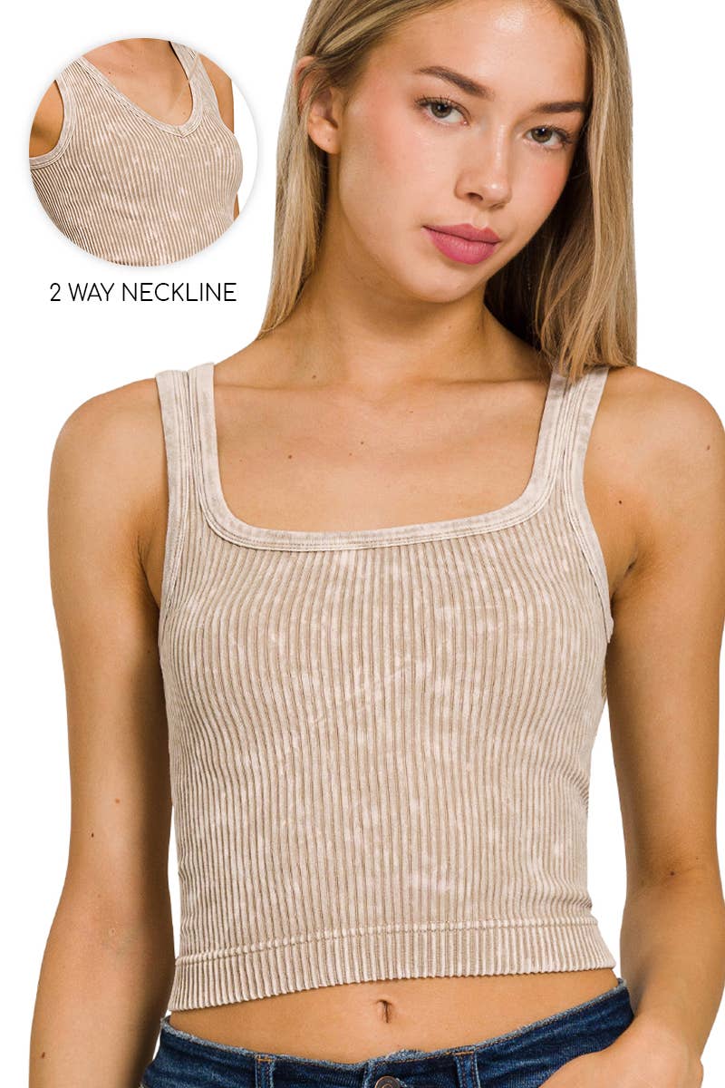 2 Way Neckline Washed Rib Crop Tank