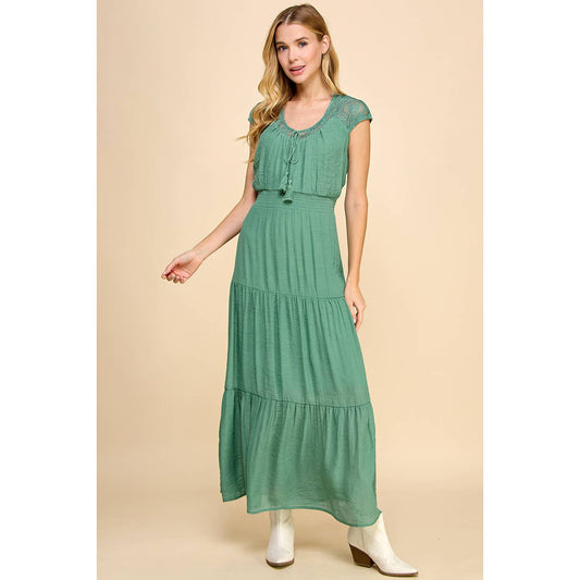 Green lace smocked waist tier maxi dress