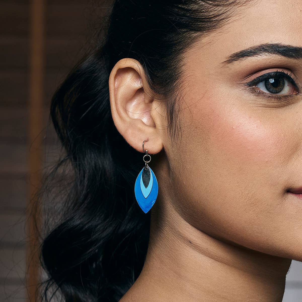 Blue Patina Layered Leaf Earrings