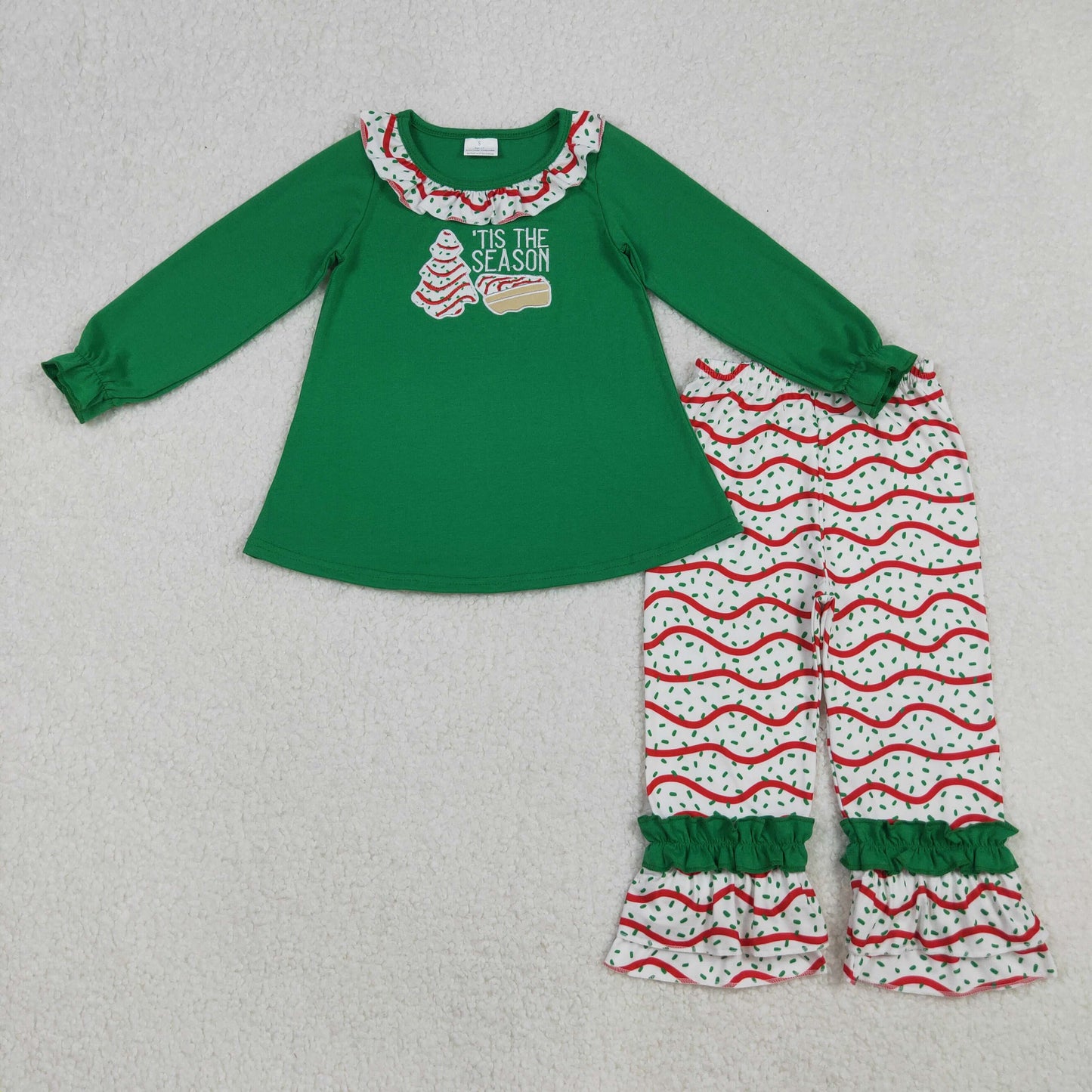 Girls Christmas Embroidery Stripe Trees Tunic Ruffle Pants