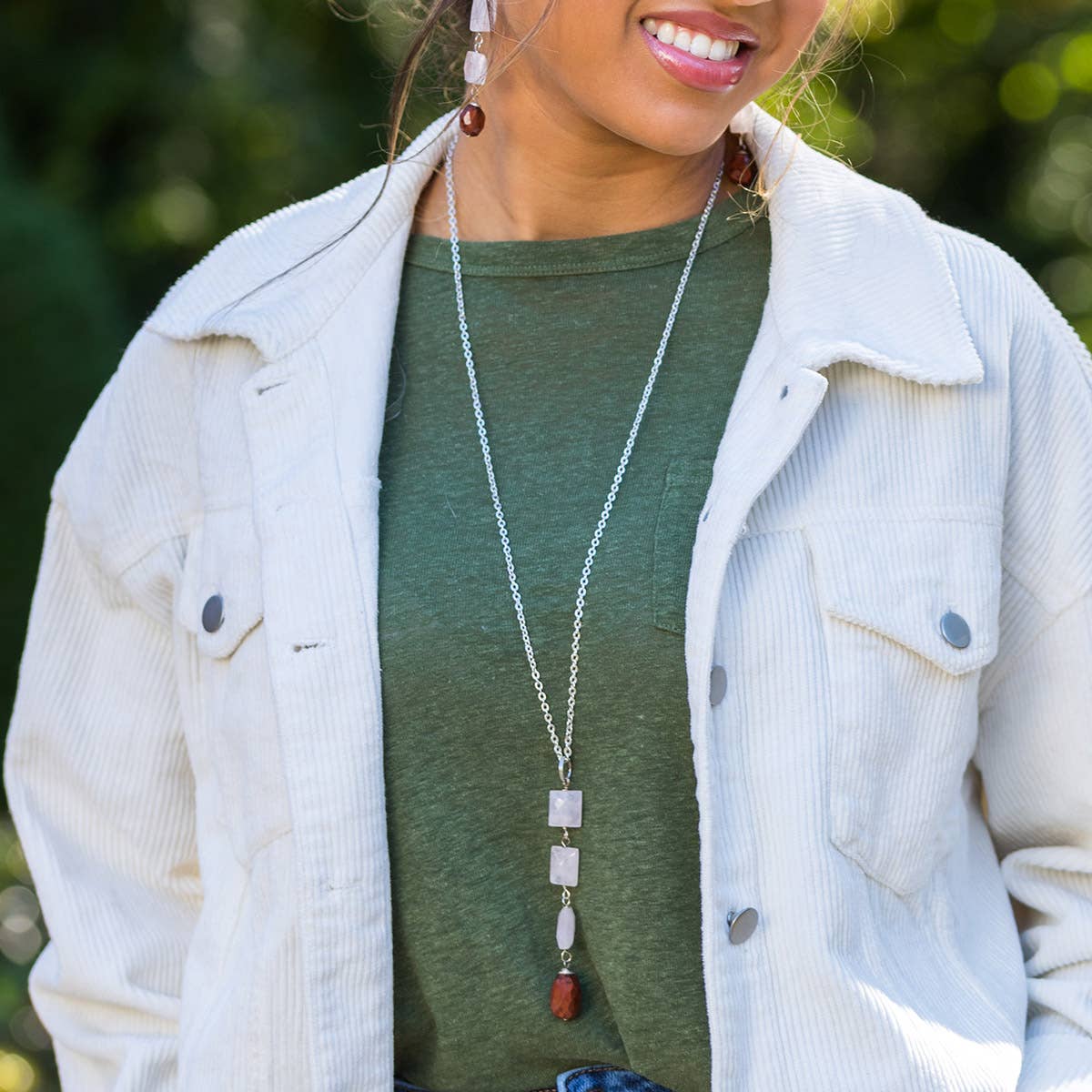 Cascading Stones Necklace - Rose Quartz, Red Jasper