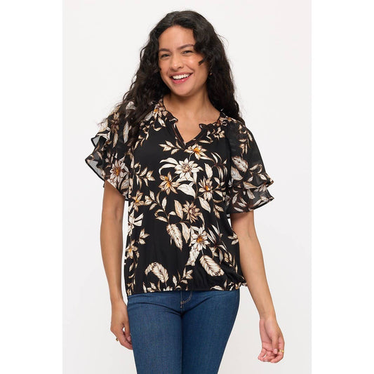 Floral bubble hem flutter sleeve