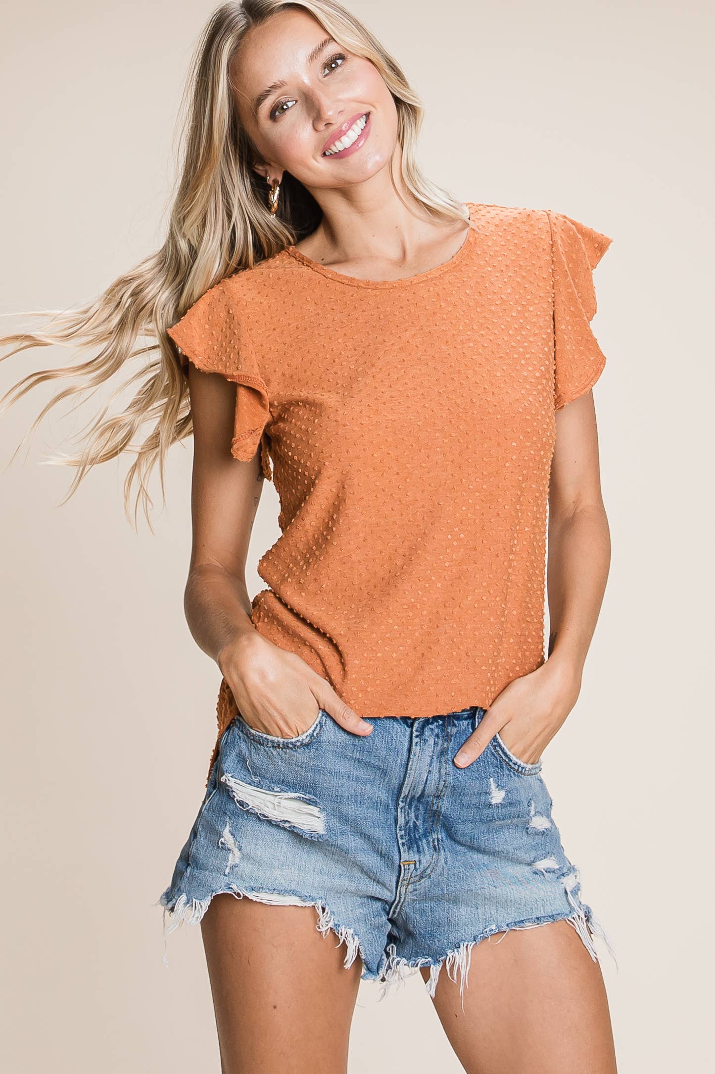 Textured Dotted Flutter Sleeve Top