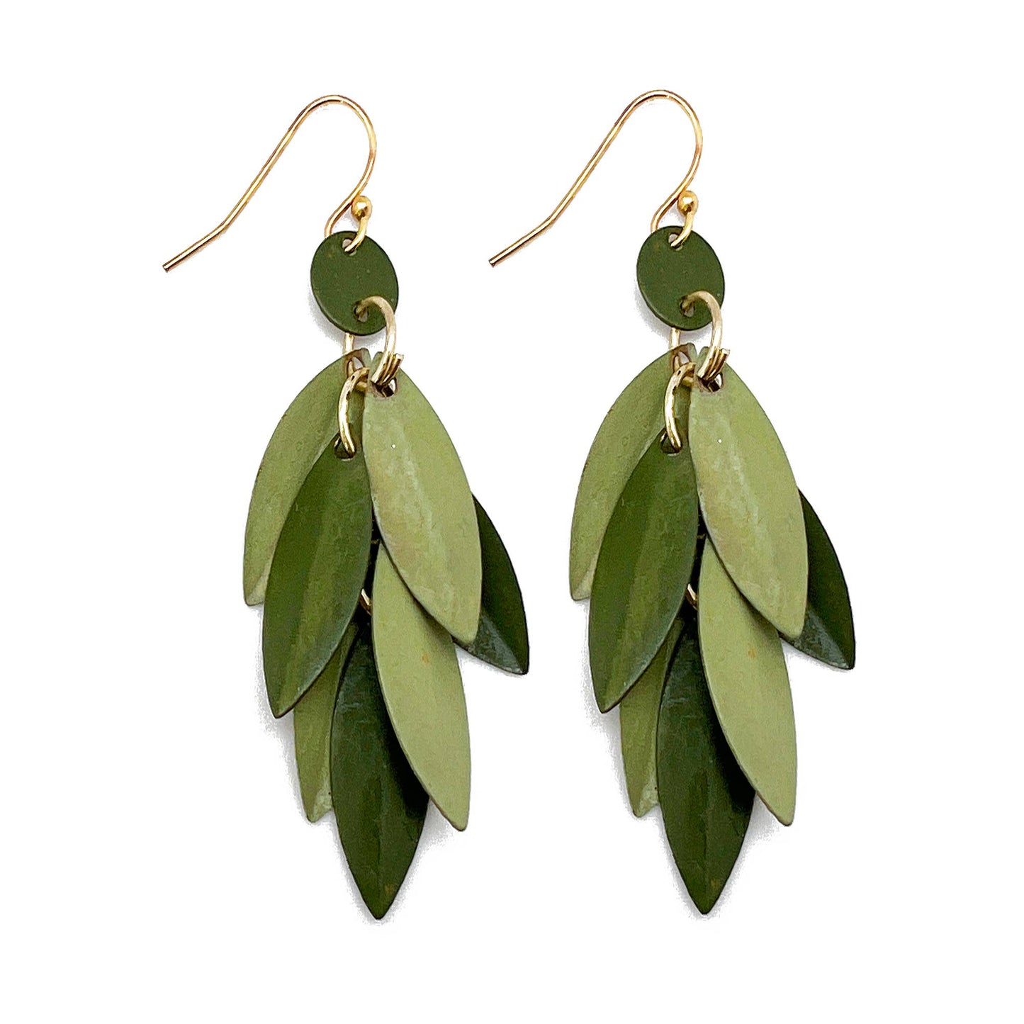 Brass Patina Earrings - Green Layered Leaves