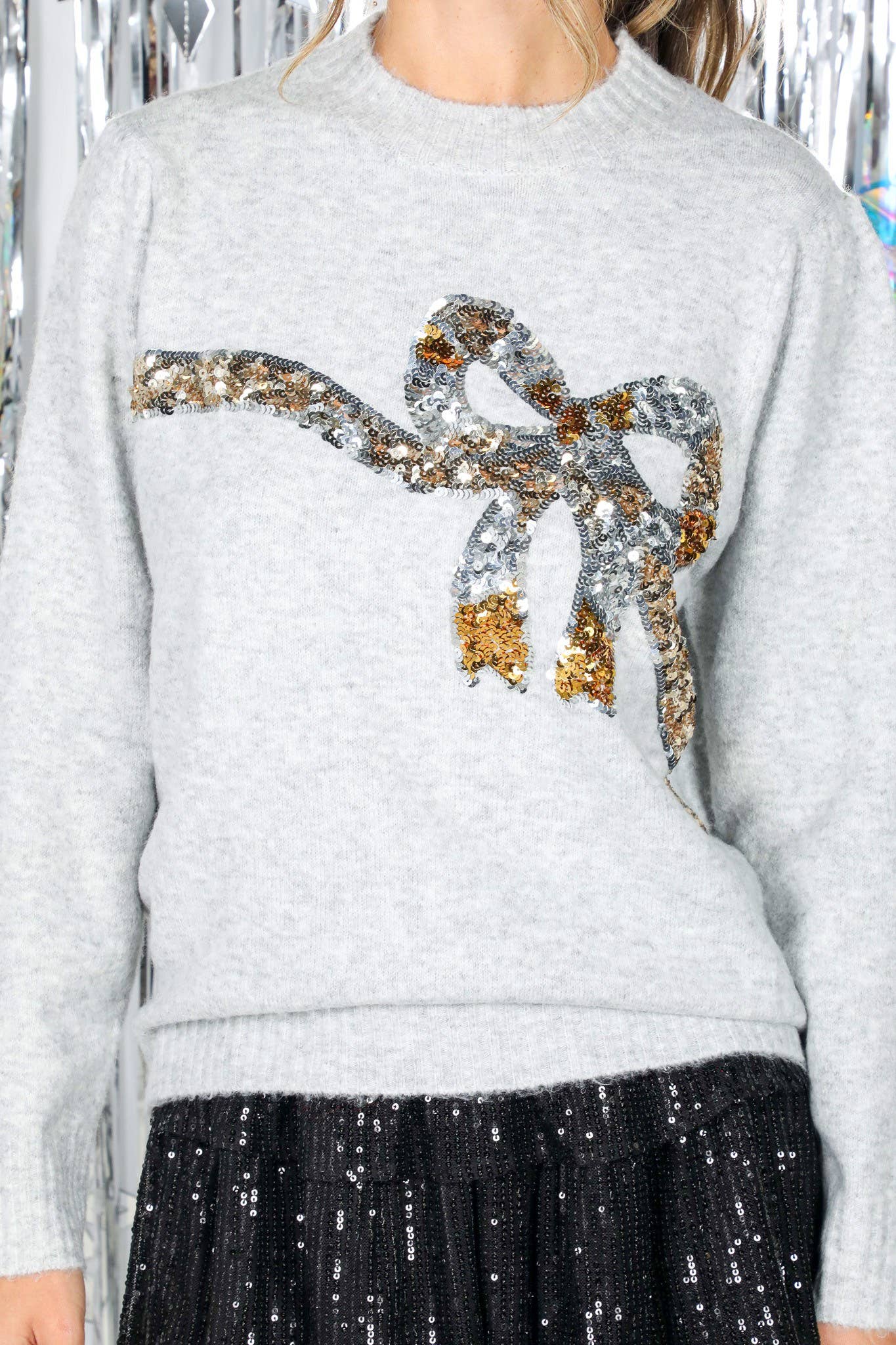 Sparkling Bow Sequin Cozy Knitted Sweater