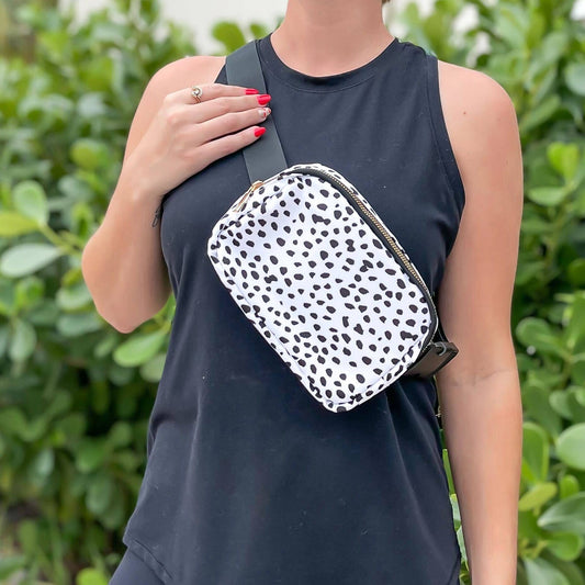 White & Black Spotted Nylon Belt Bag