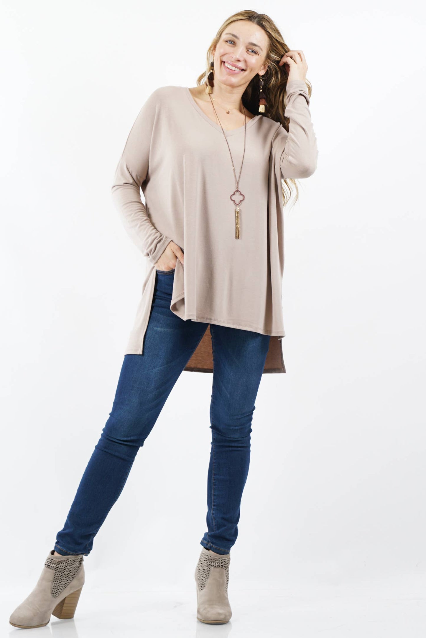 Plus dolman sleeve hi-low v-neck top