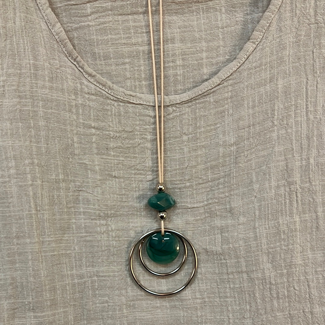 Long teal bead necklace