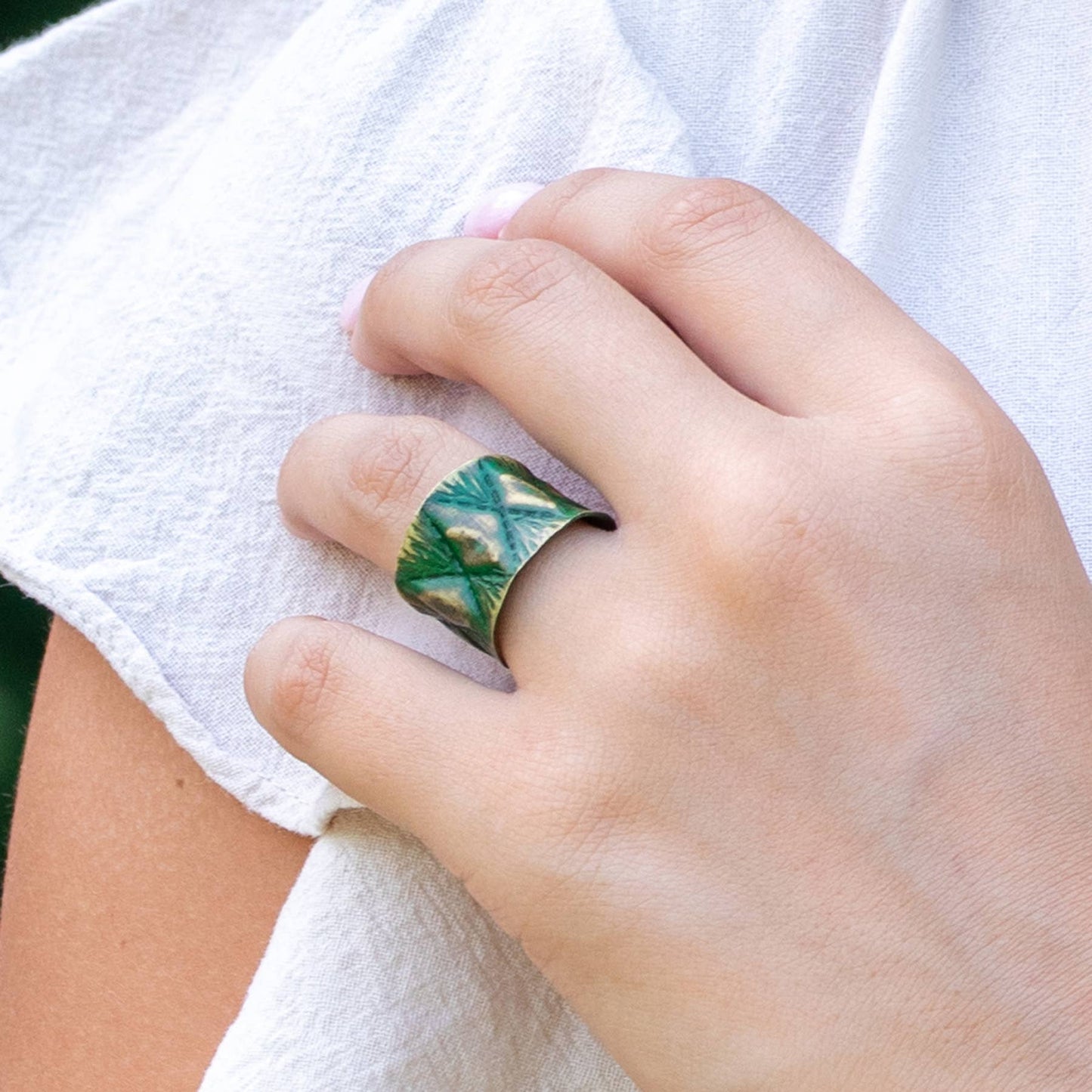 Brass Diamond on Emerald Green Ring