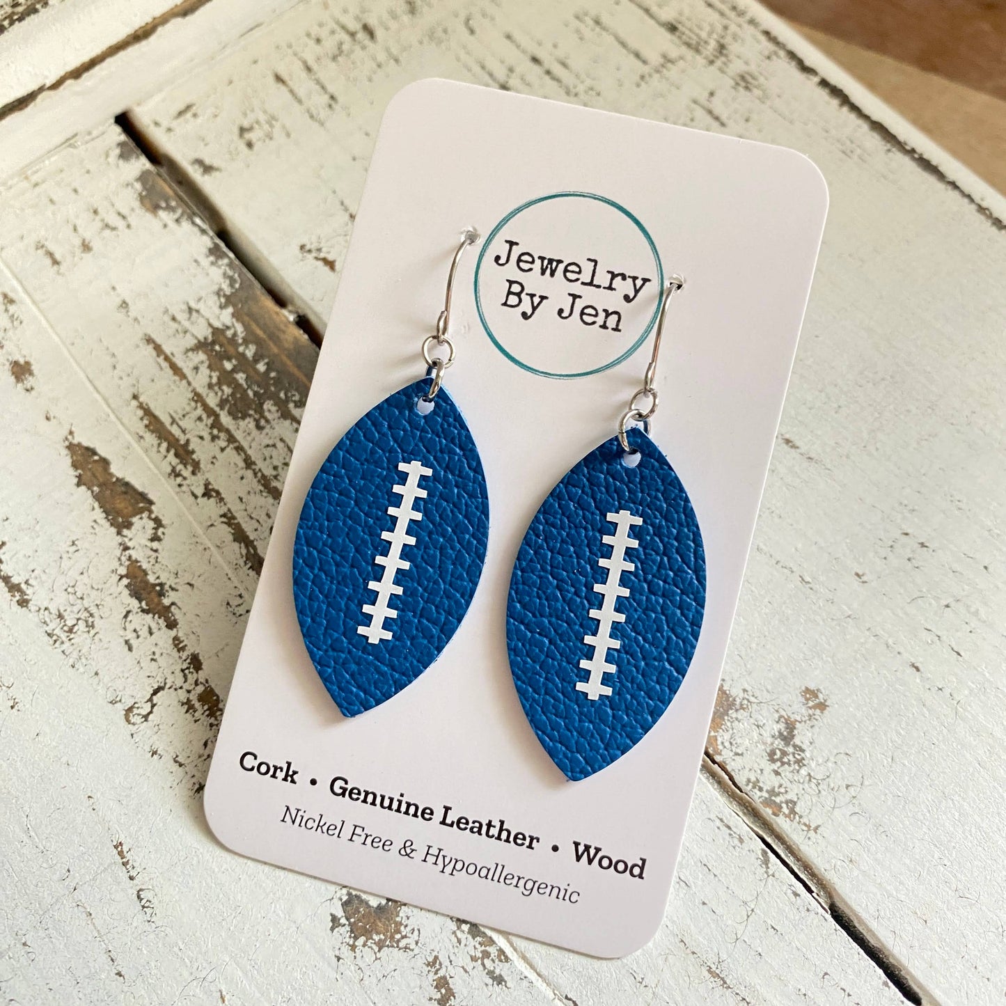 Football Earrings (Medium): Royal Blue w/White Stitches