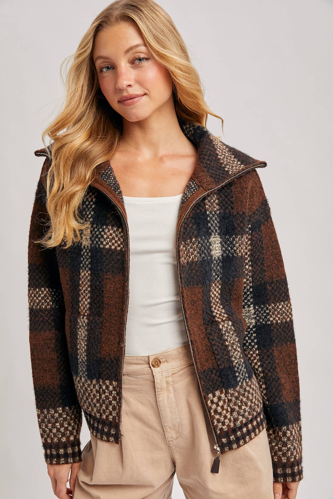 Plaid fuzzy knit sweater jacket
