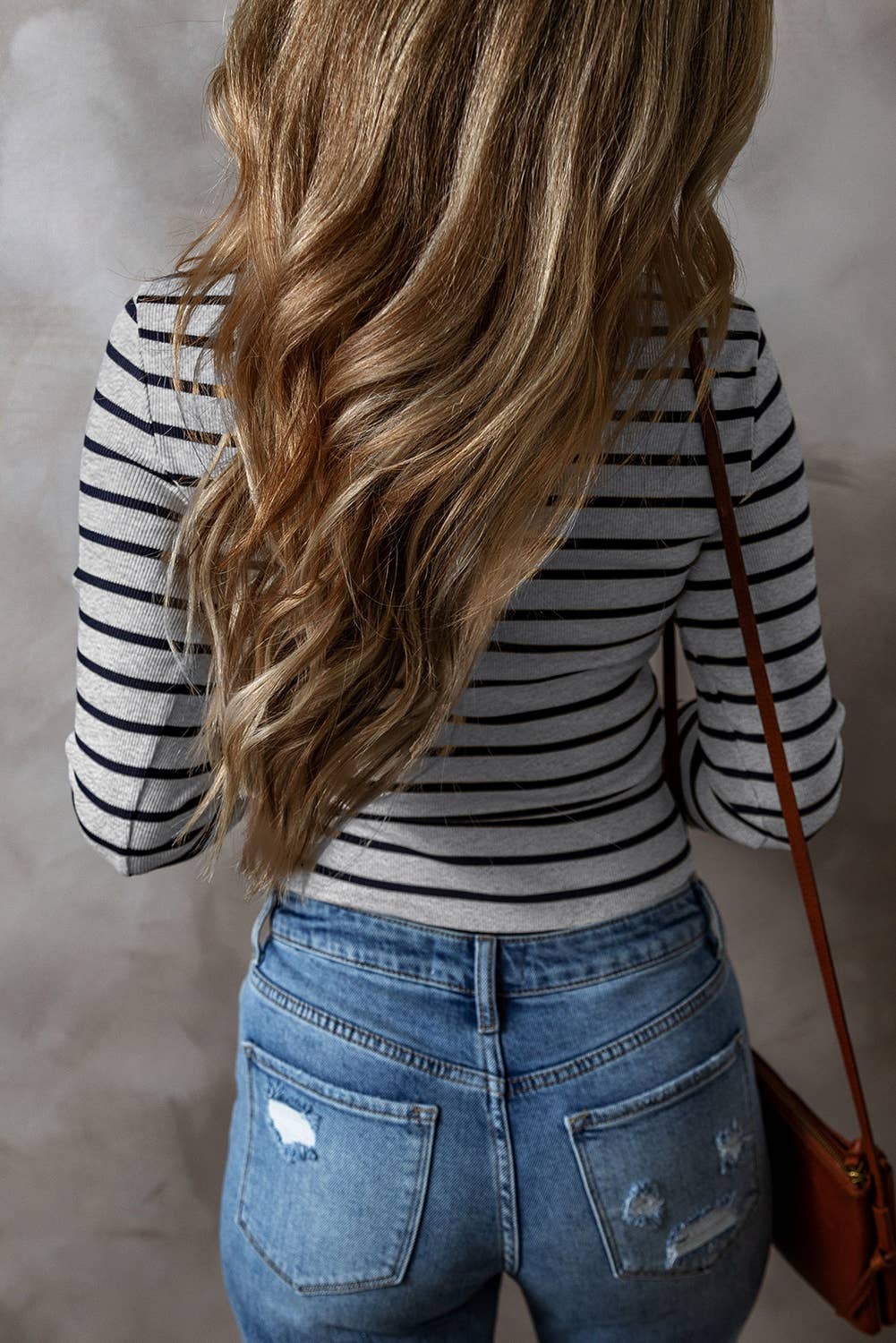 Striped V Neck 3/4 button Long Sleeve Top