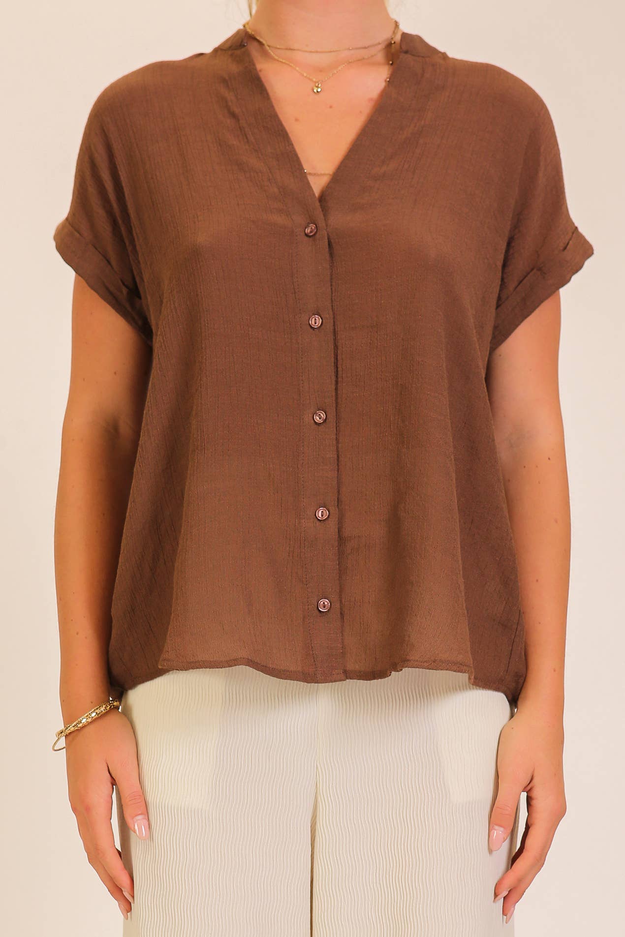 Burnt orange-Textured Gauze Button-Front Blouse