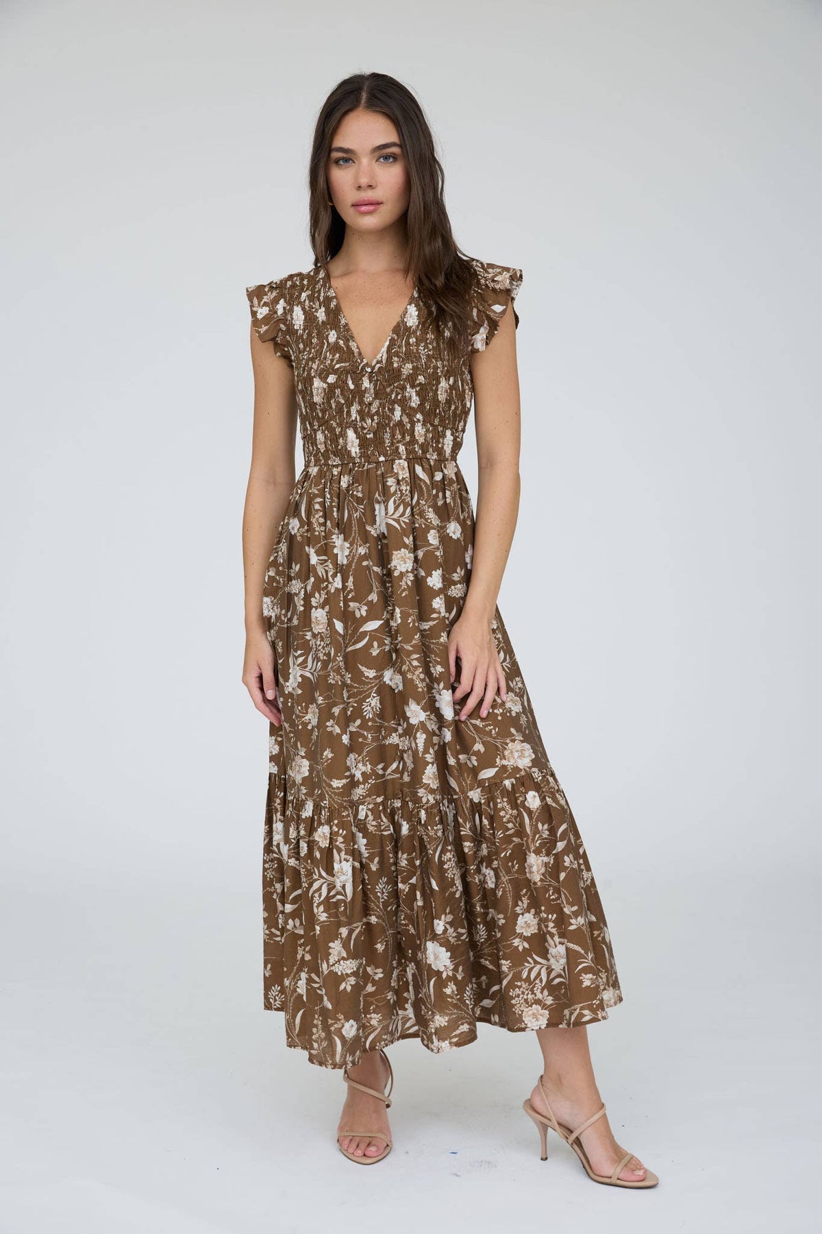Floral smocked button-down midi dress
