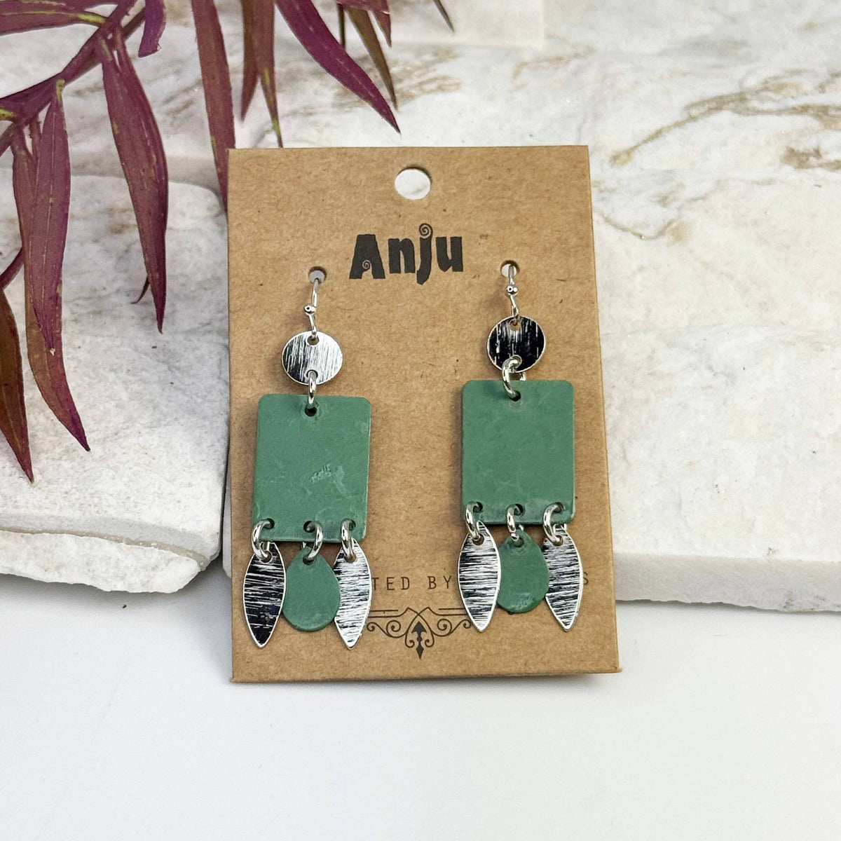 Green Patina Rectangle Leaf Dangle Earrings
