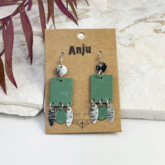 Green Patina Rectangle Leaf Dangle Earrings
