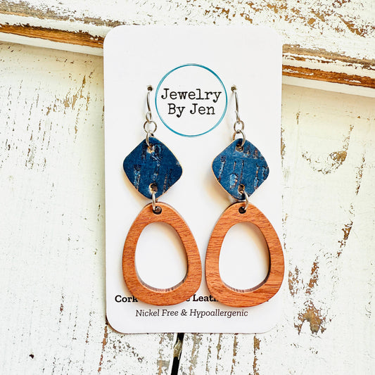 Wood Oblong & Navy Cork Earrings