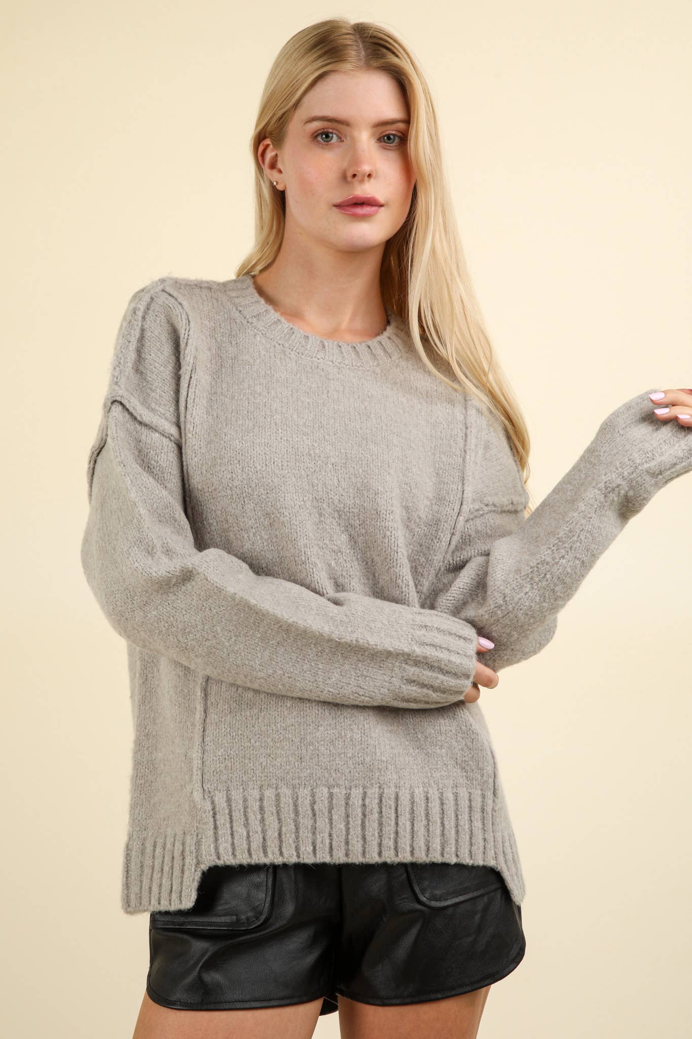 Grey Oversized Knit Pullover Sweater Top