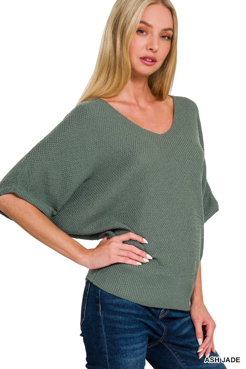 V Neck Short Sleeve Dolman Sweater