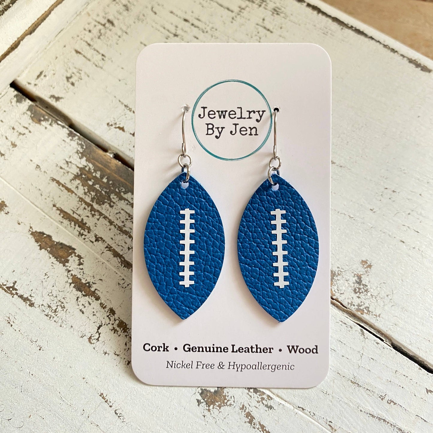 Football Earrings (Medium): Royal Blue w/White Stitches