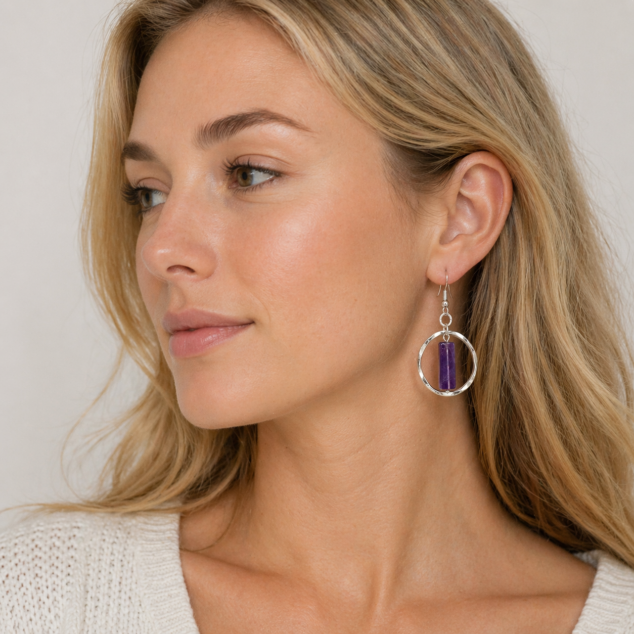 Akriti Amethyst Circle Handcrafted Silver Earrings