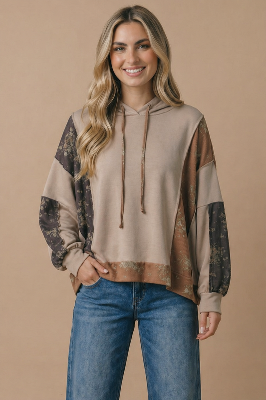 Taupe Floral Color Block hooded Top