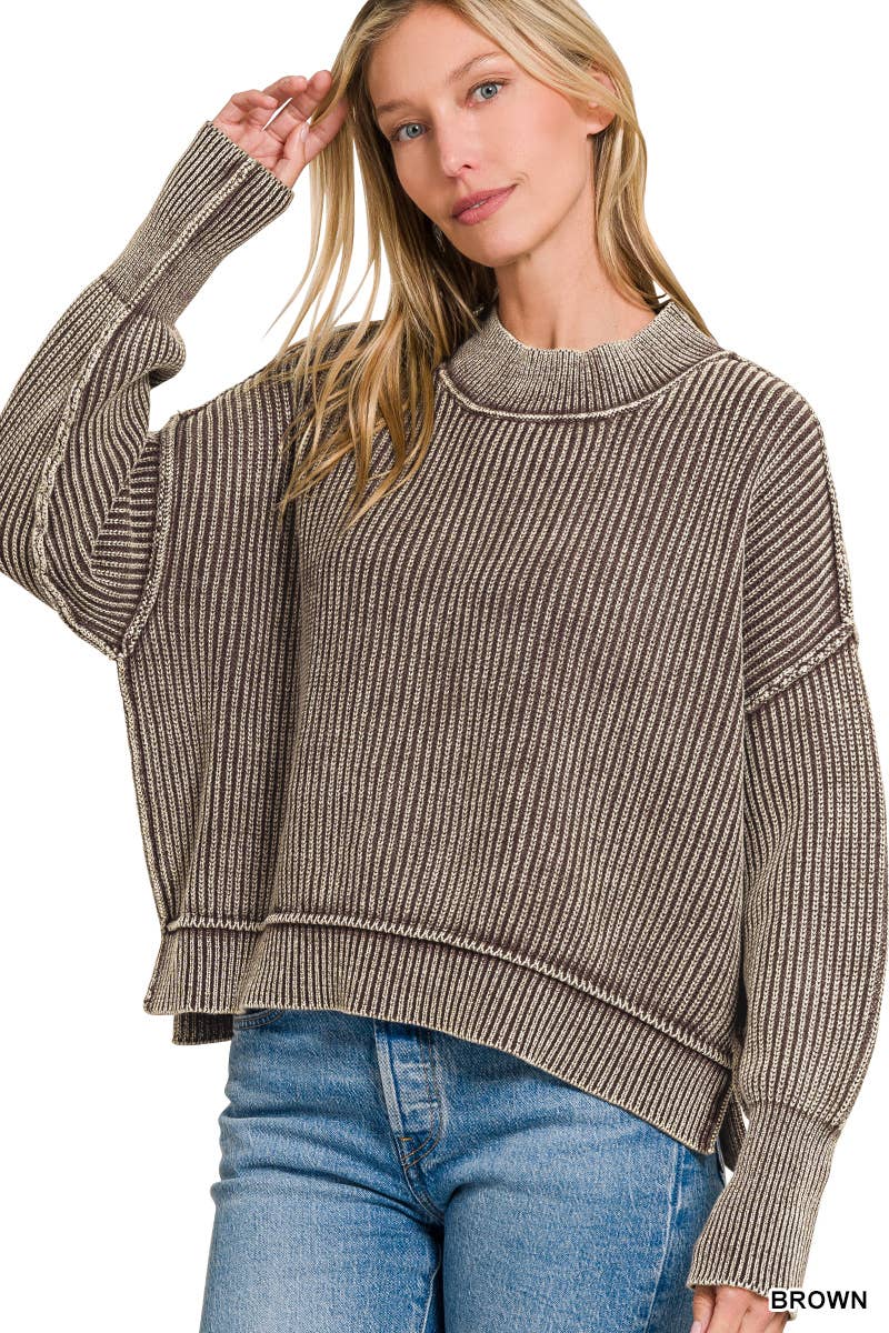 Mocha Washed Side Slit Oversized Cropped Sweater