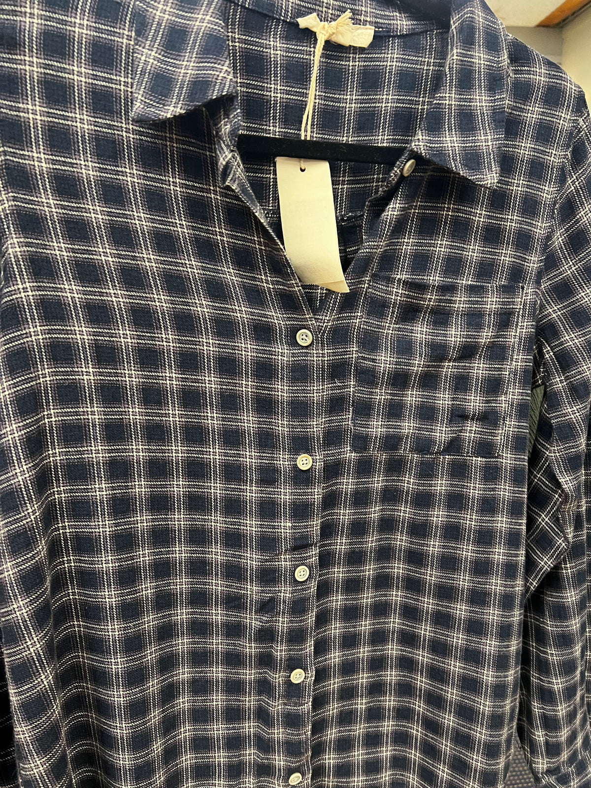 Raw edge plaid button down top