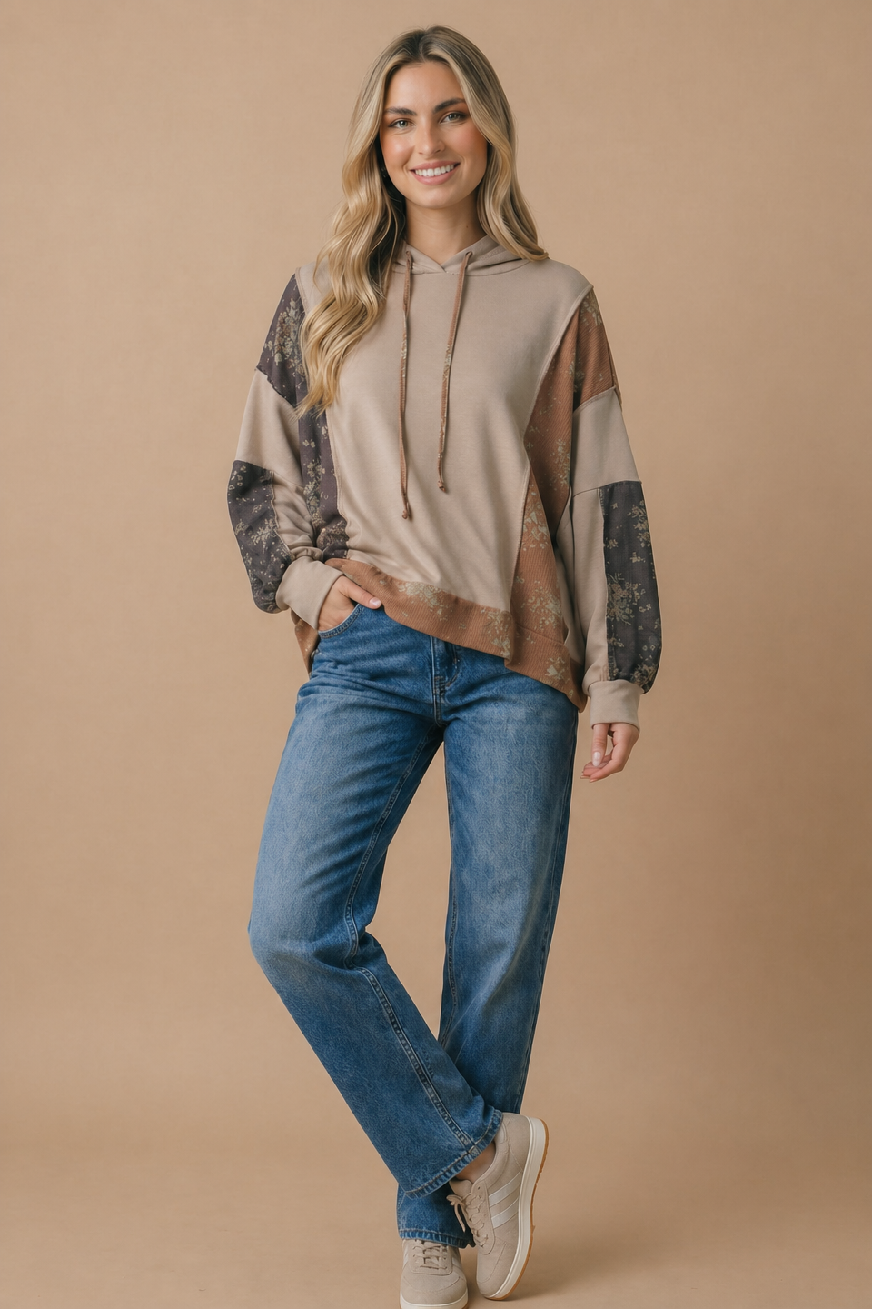 Taupe Floral Color Block hooded Top