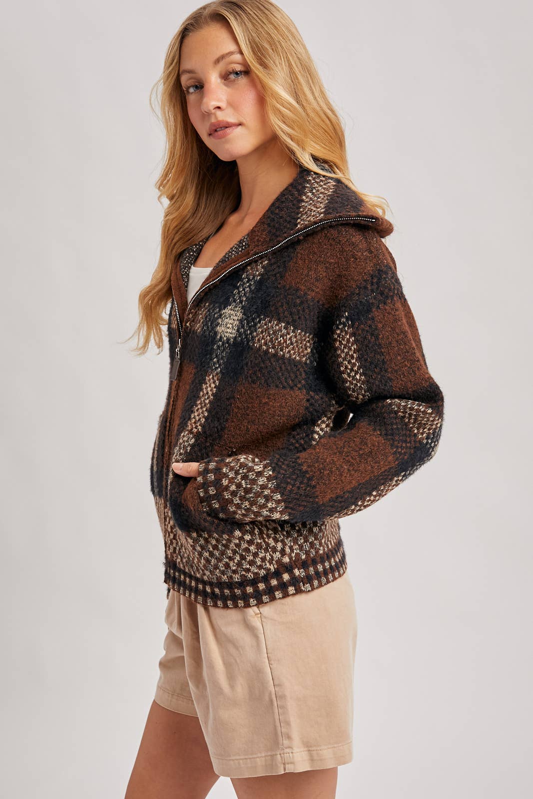 Plaid fuzzy knit sweater jacket