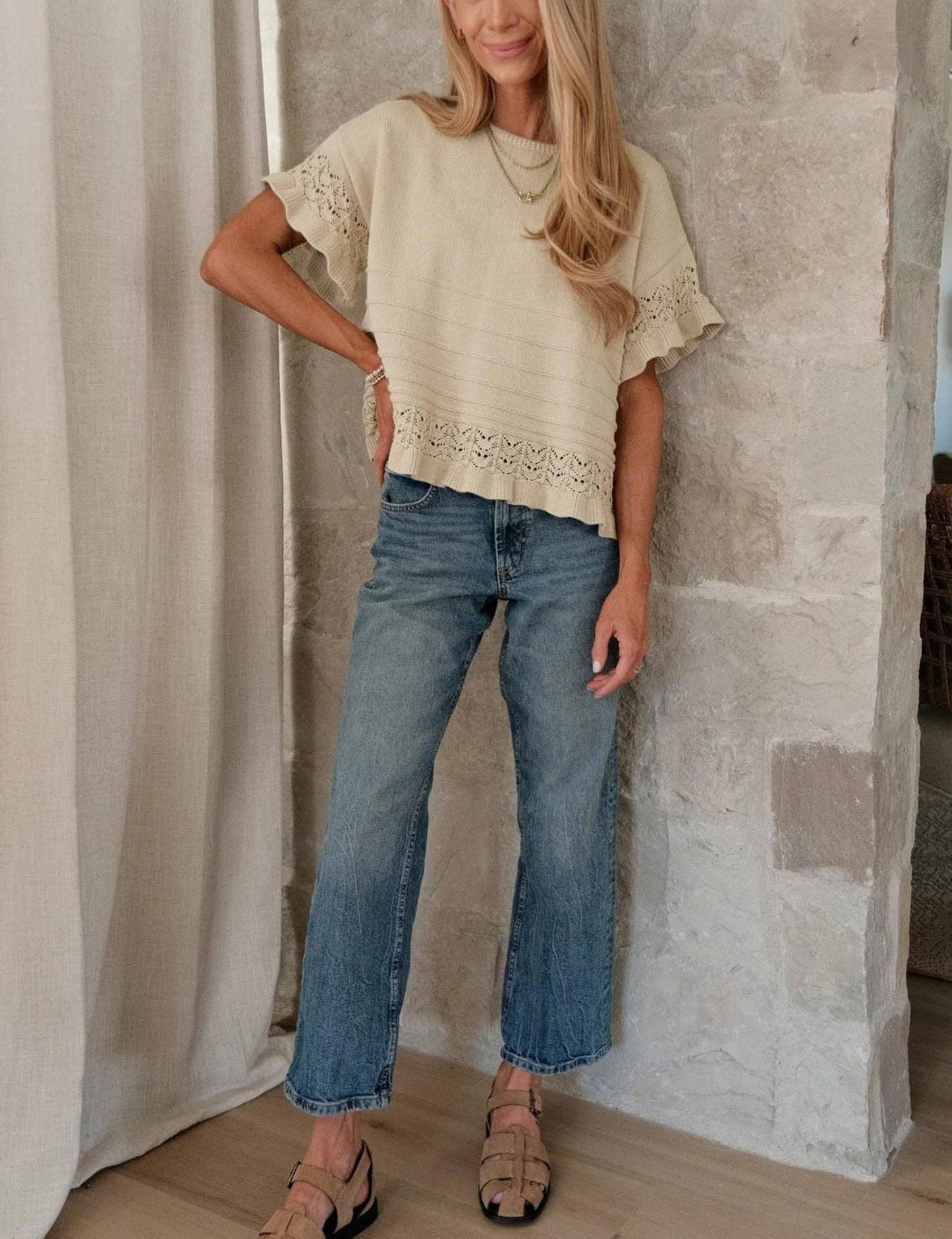 Ruffle Sleeve Crochet Knit top