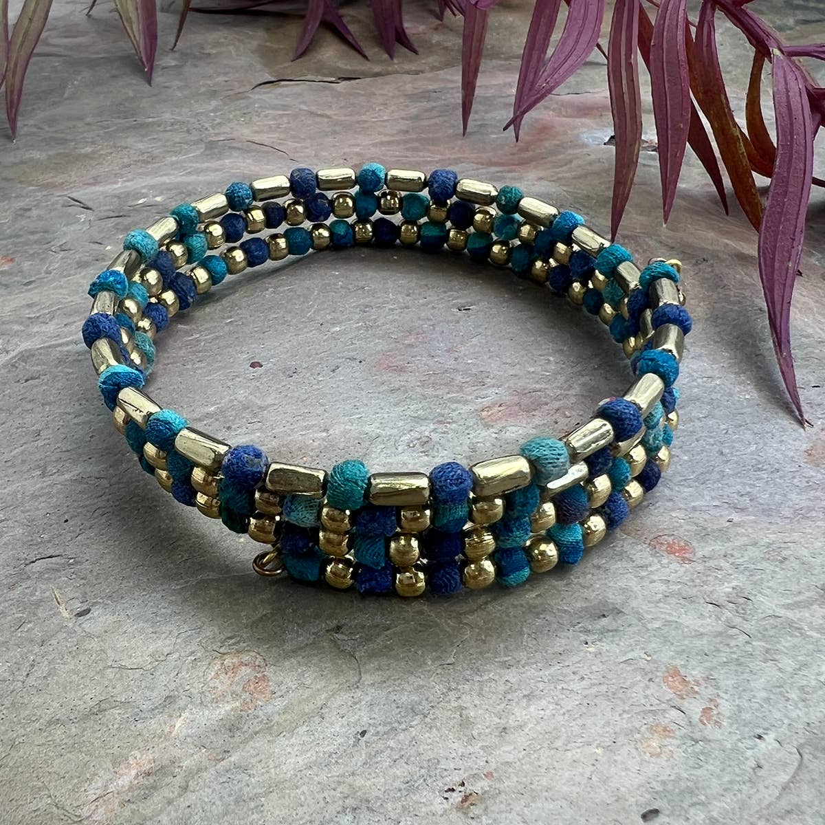 Aqua Coil Kantha Beaded Bracelet