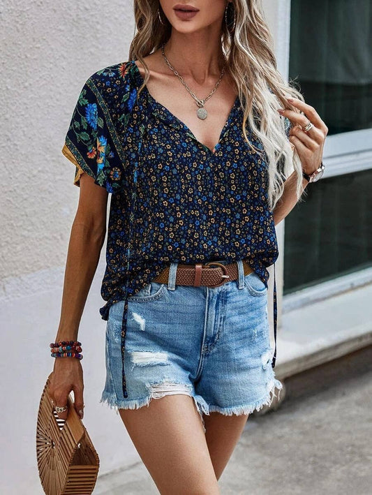 floral Short-Sleeve V-Neck flowy top
