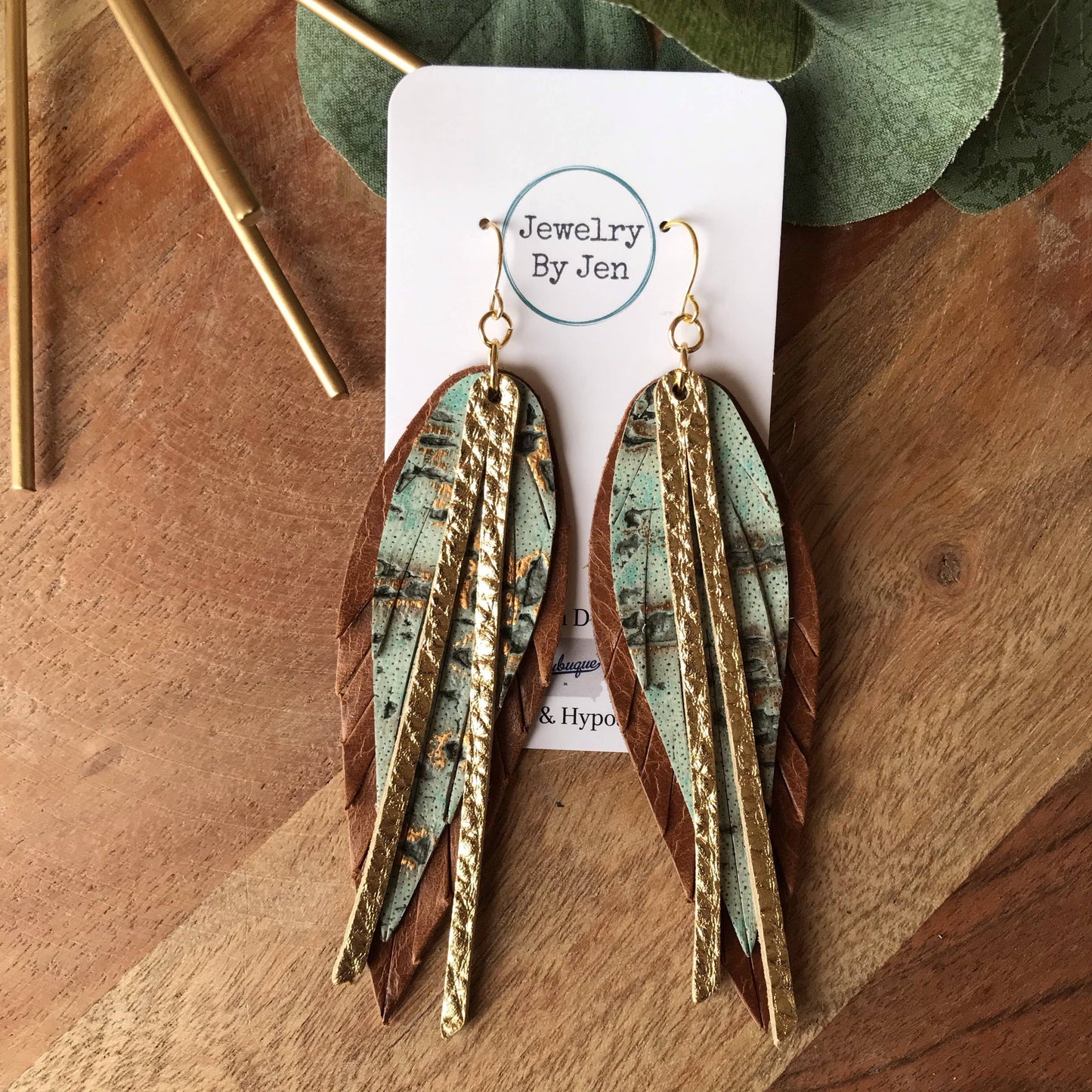 Narrow Fringe Feather Earrings: Gold/Cognac/Turq. Wildwood