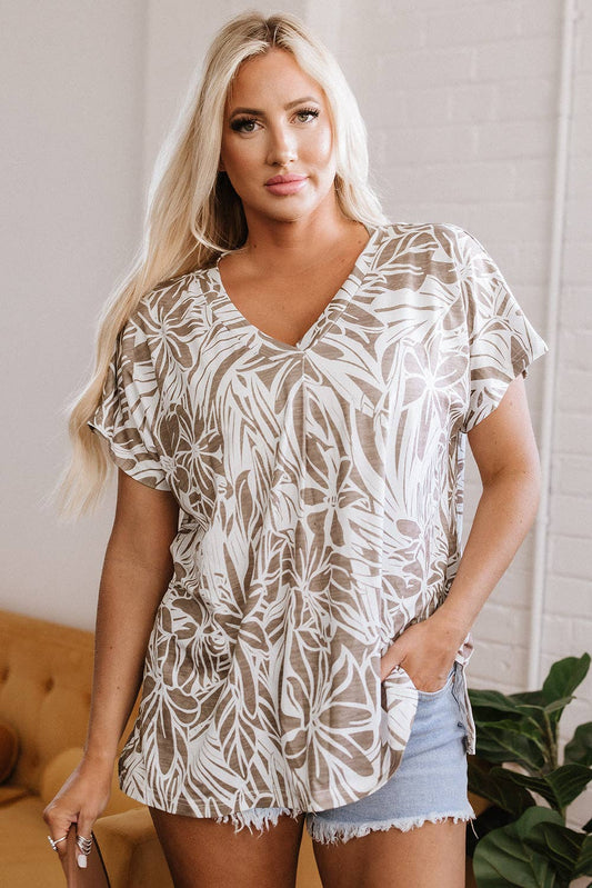 Khaki Floral Print V Neck Short Sleeve Blouse