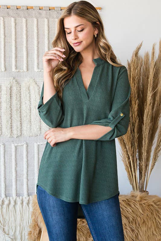 Roll up sleeve v-neck collar top