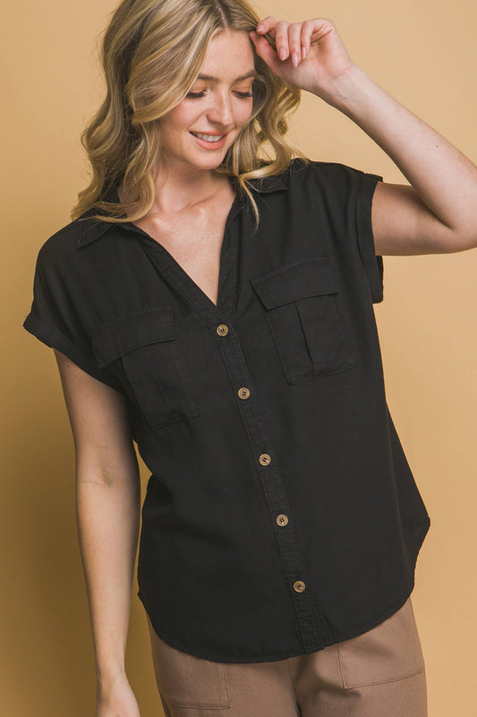 Black Collared Roll-Cuff Top