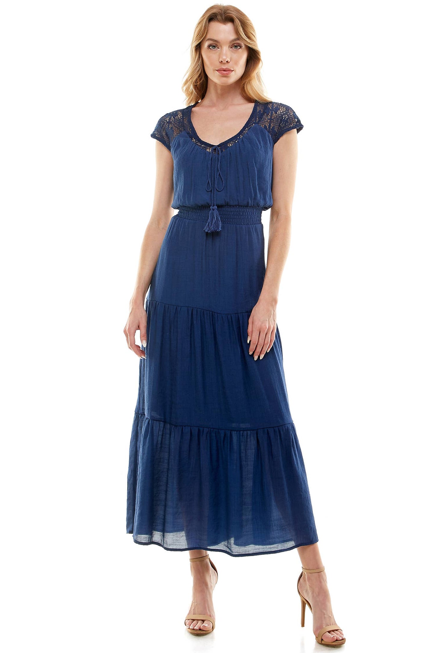 Navy lace smocked waist maxi dress
